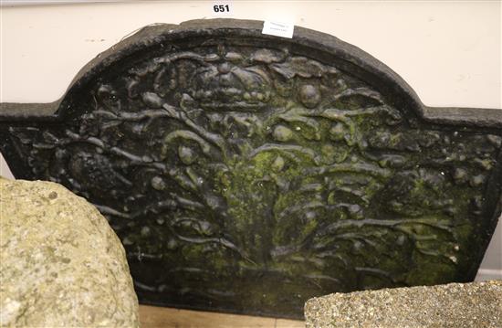 A large 16th century style cast iron fire back, W.87cm
